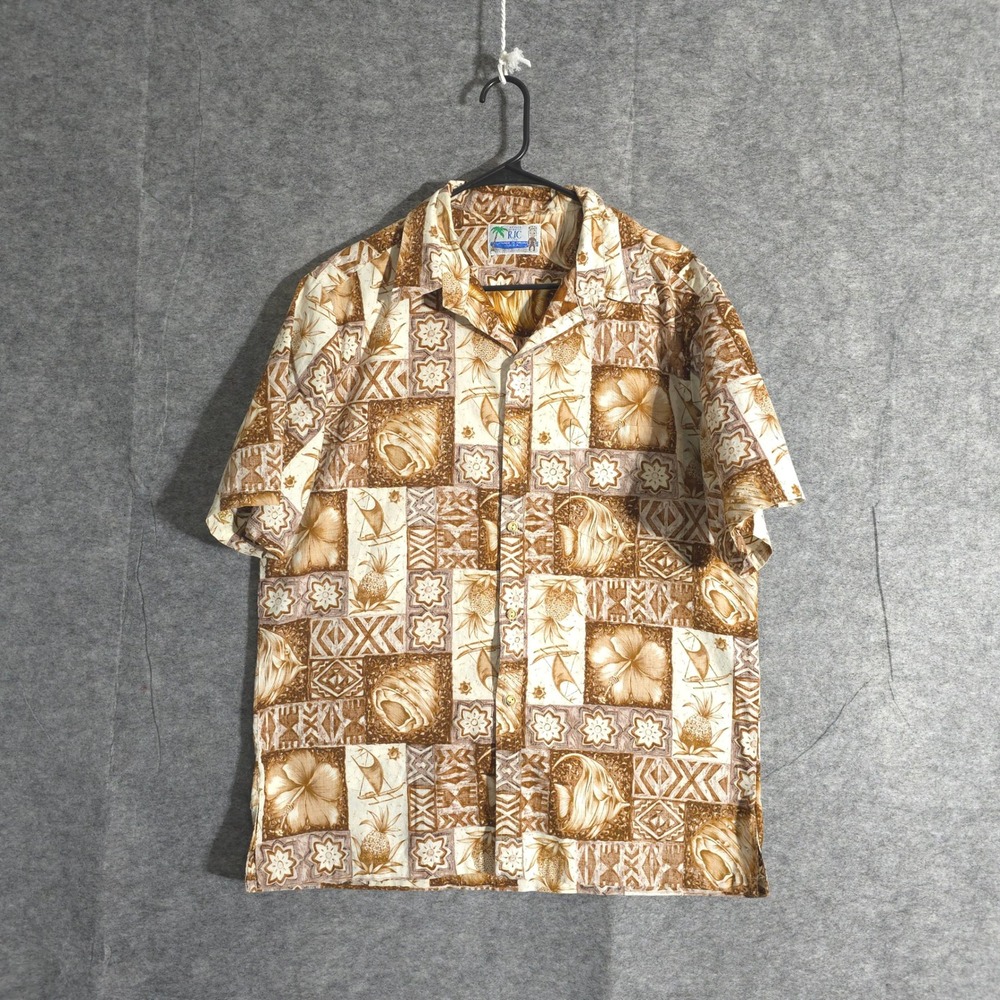 Vintage RJC Ltd Hawaiian Shirt Mens Floral Pineapple Print Hawaii Aztec Brown L